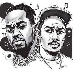 A captivating black and white illustration capturing two rapper faces in a drawing art style