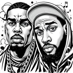 A captivating black and white illustration capturing two rapper faces in a drawing art style