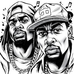 A captivating black and white illustration capturing two rapper faces in a drawing art style