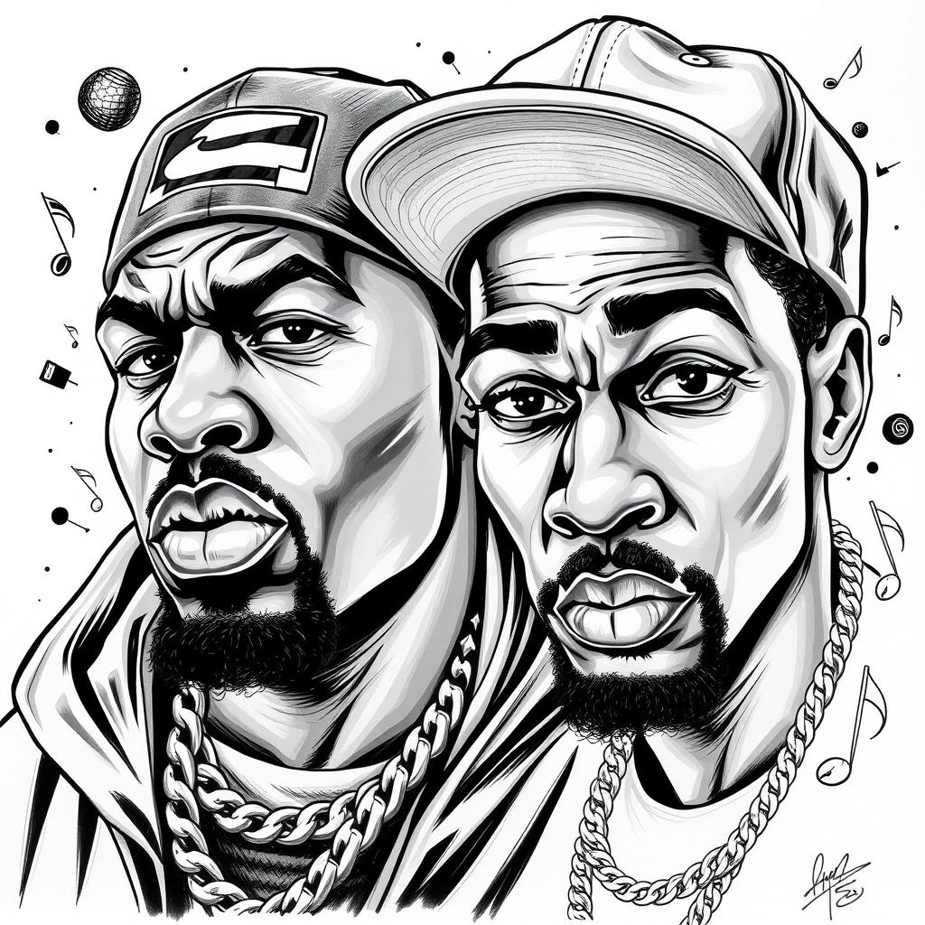 A captivating black and white illustration capturing two rapper faces in a drawing art style