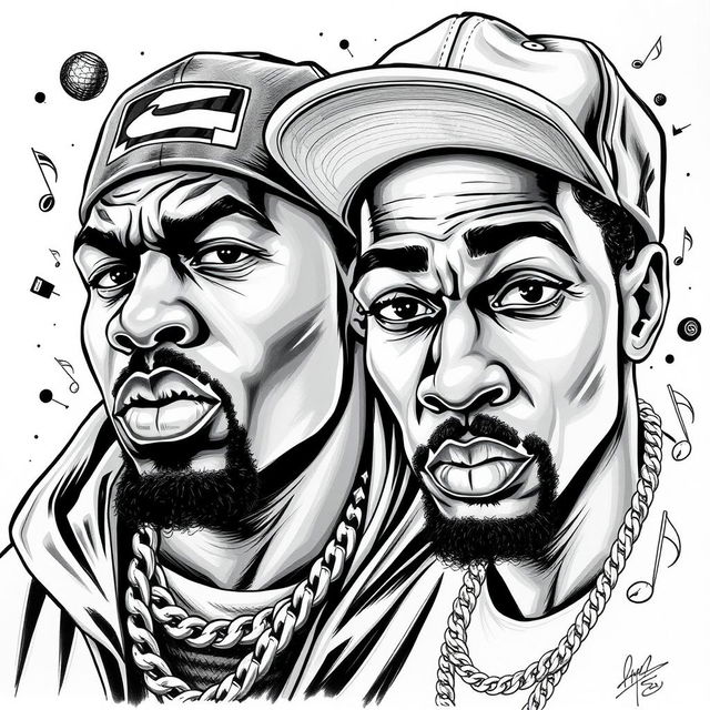 A captivating black and white illustration capturing two rapper faces in a drawing art style