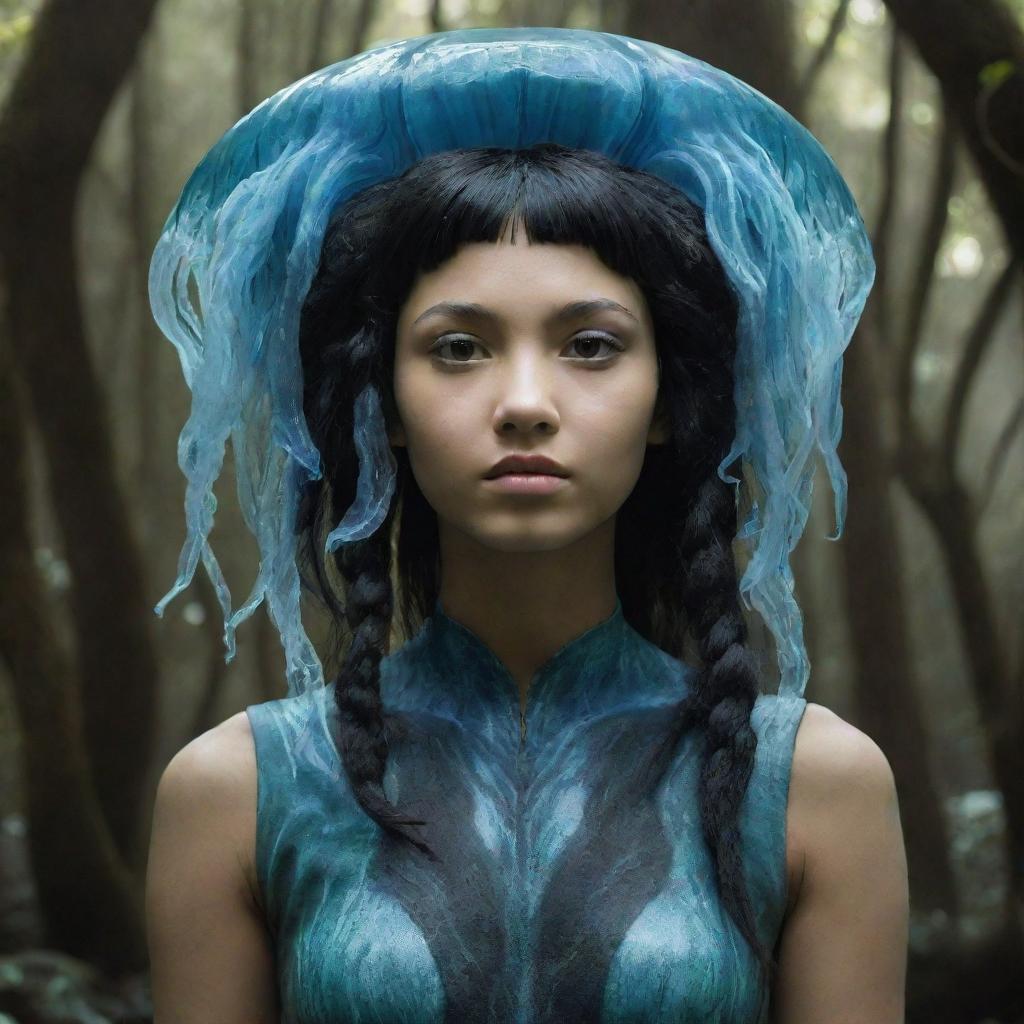 Generate an image of a 15-year-old female forest Na'vi with black hair fashioned into a singular jellyfish-inspired haircut, blending arboreal and aquatic themes.