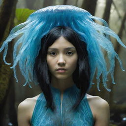 Generate an image of a 15-year-old female forest Na'vi with black hair fashioned into a singular jellyfish-inspired haircut, blending arboreal and aquatic themes.