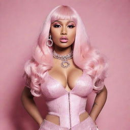 Generate an image portrayal of musician Nicki Minaj styled in a coquette girl aesthetic, reflecting elements of femininity and playfulness.