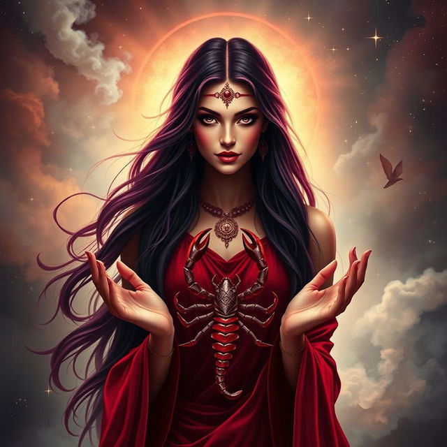 A stunningly beautiful depiction of the Goddess of Scorpio, enriched with deep red, dark purple, and crimson hues, symbolizing intensity, passion, and transformation