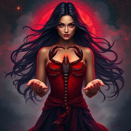 A stunningly beautiful depiction of the Goddess of Scorpio, enriched with deep red, dark purple, and crimson hues, symbolizing intensity, passion, and transformation