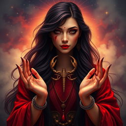 A stunningly beautiful depiction of the Goddess of Scorpio, enriched with deep red, dark purple, and crimson hues, symbolizing intensity, passion, and transformation