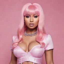 Generate an image portrayal of musician Nicki Minaj styled in a coquette girl aesthetic, reflecting elements of femininity and playfulness.