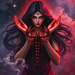 A stunningly beautiful depiction of the Goddess of Scorpio, enriched with deep red, dark purple, and crimson hues, symbolizing intensity, passion, and transformation