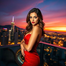 A beautiful and stunning woman with a confident pose, wearing a red evening dress that hugs her curves perfectly