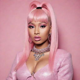 Generate an image portrayal of musician Nicki Minaj styled in a coquette girl aesthetic, reflecting elements of femininity and playfulness.