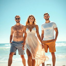 A beautiful, sexy woman standing confidently with two attractive men beside her