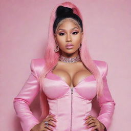 Generate an image portrayal of musician Nicki Minaj styled in a coquette girl aesthetic, reflecting elements of femininity and playfulness.