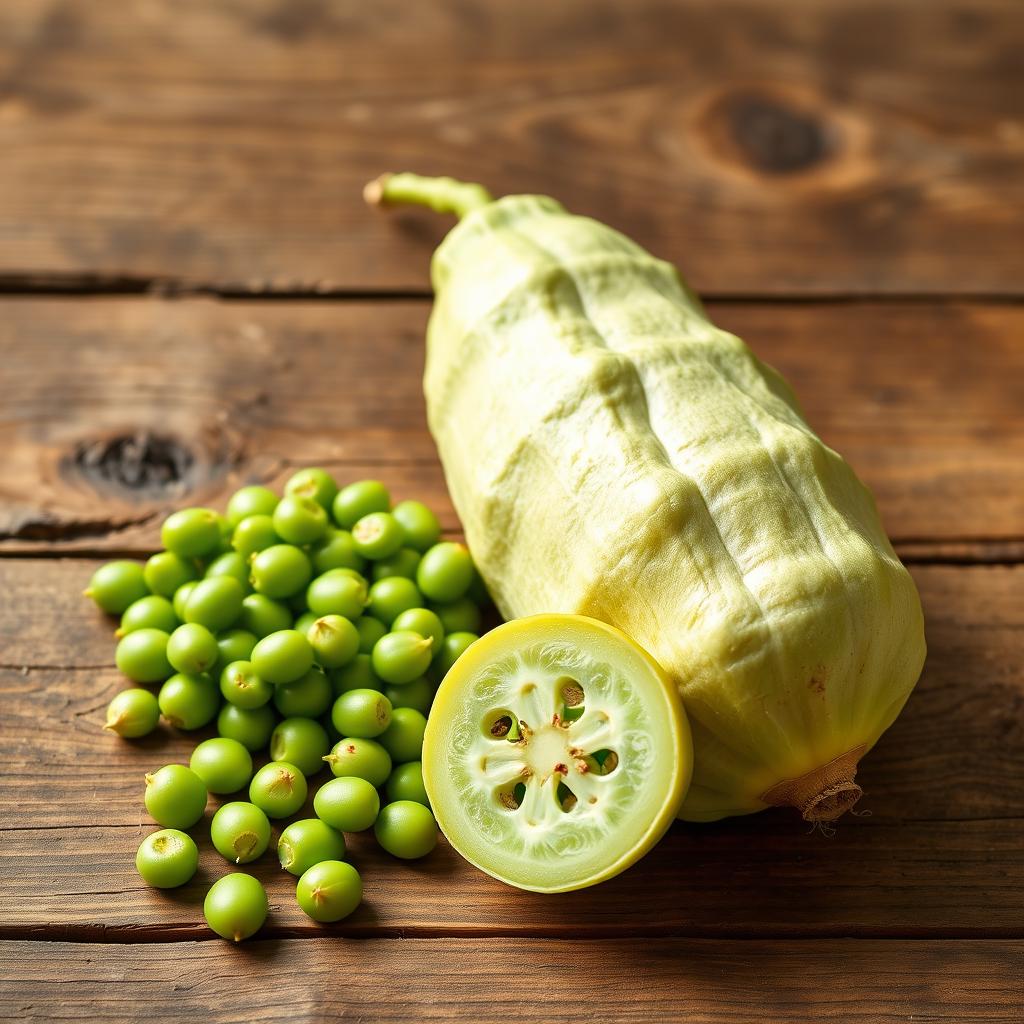 A fresh and vibrant still life composition featuring chayote and vegetable soybeans