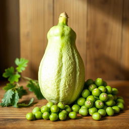 A fresh and vibrant still life composition featuring chayote and vegetable soybeans