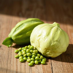 A fresh and vibrant still life composition featuring chayote and vegetable soybeans