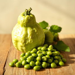 A fresh and vibrant still life composition featuring chayote and vegetable soybeans