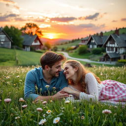 A picturesque village setting with charming traditional houses, lush green fields, and a beautiful sunset in the background