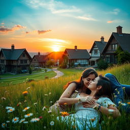 A picturesque village setting with charming traditional houses, lush green fields, and a beautiful sunset in the background