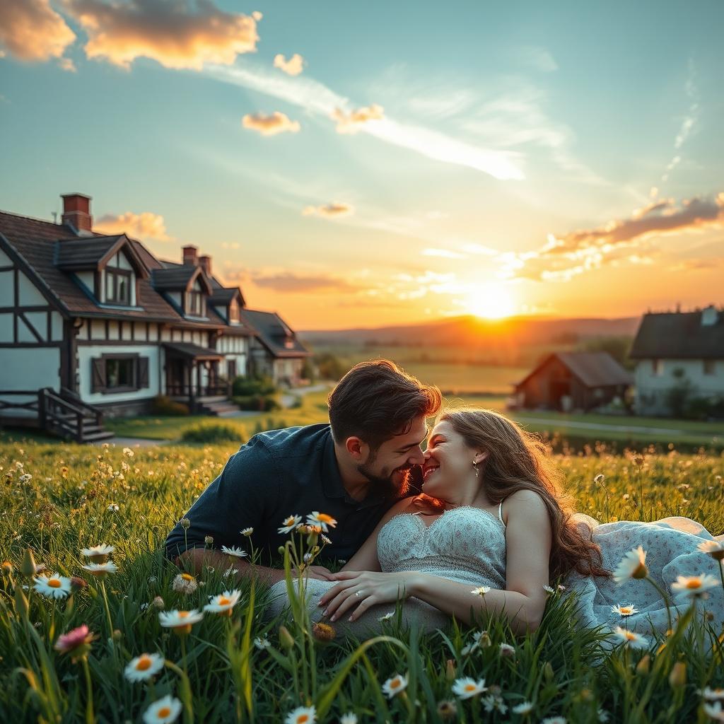 A picturesque village setting with charming traditional houses, lush green fields, and a beautiful sunset in the background