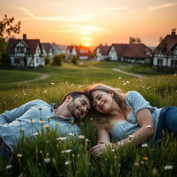 A picturesque village setting with charming traditional houses, lush green fields, and a beautiful sunset in the background