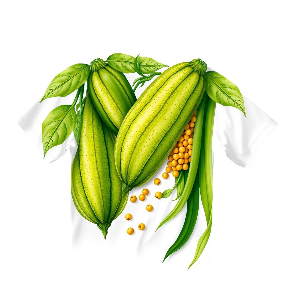 A T-shirt featuring an artistic design of chayote and soybeans