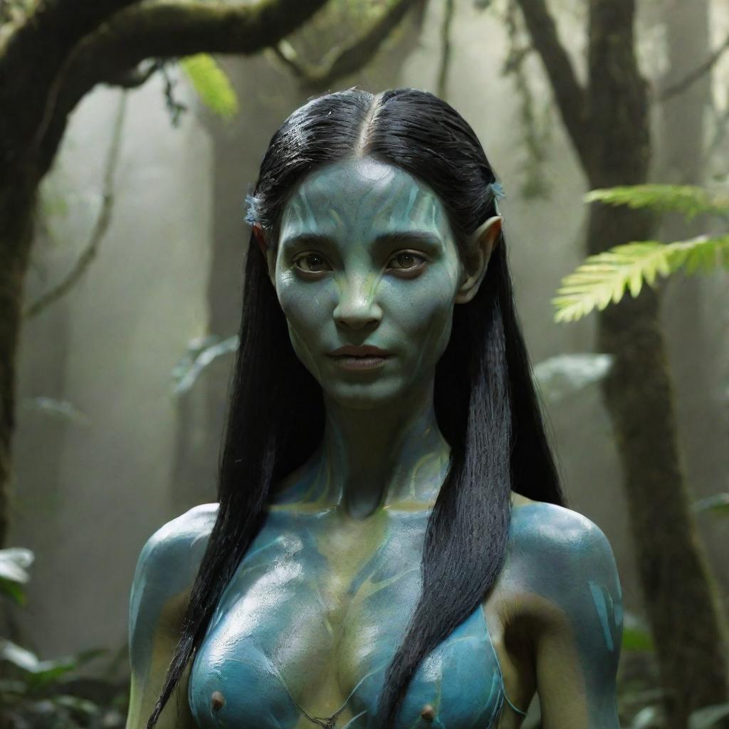 Visualize a 15-year-old female forest Na'vi with sleek, black hair that flows like a waterfall, standing proud and elegant amidst the lush greenery of her home forest.