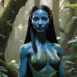 Visualize a 15-year-old female forest Na'vi with sleek, black hair that flows like a waterfall, standing proud and elegant amidst the lush greenery of her home forest.