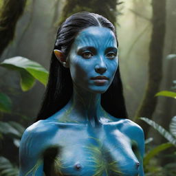 Visualize a 15-year-old female forest Na'vi with sleek, black hair that flows like a waterfall, standing proud and elegant amidst the lush greenery of her home forest.