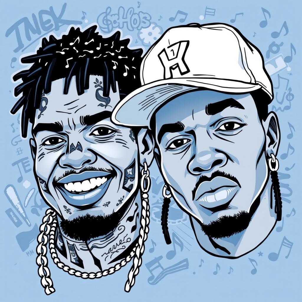 An intriguing blue and white illustration featuring two rapper faces