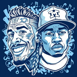 An intriguing blue and white illustration featuring two rapper faces