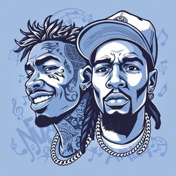 An intriguing blue and white illustration featuring two rapper faces