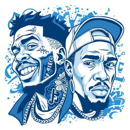 An intriguing blue and white illustration featuring two rapper faces