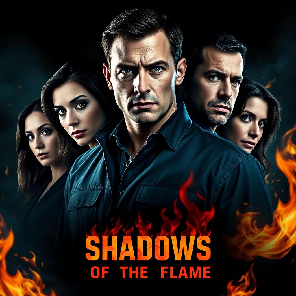 A suspenseful thriller movie poster for "Shadows of the Flame"