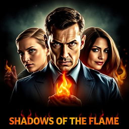 A suspenseful thriller movie poster for "Shadows of the Flame"