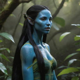 Visualize a 15-year-old female forest Na'vi with sleek, black hair that flows like a waterfall, standing proud and elegant amidst the lush greenery of her home forest.