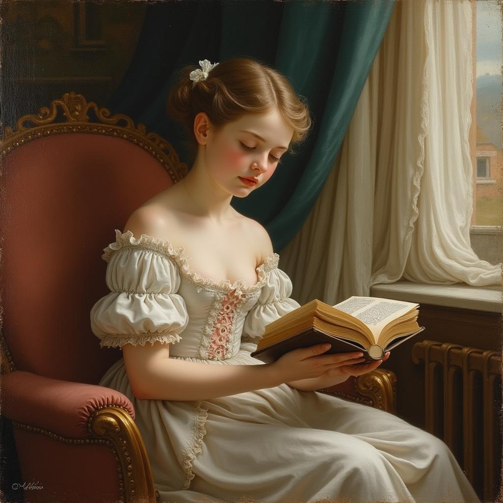 A painting of a 17th-century girl sitting gracefully while reading a book, depicted in the style of French artist Jean-Honoré Fragonard