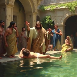 A realistic painting depicting Christ healing the paralytic at the pool of Bethesda, styled in the manner of Carl Henrich Bloch