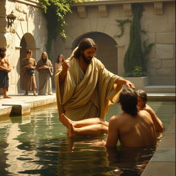 A realistic painting depicting Christ healing the paralytic at the pool of Bethesda, styled in the manner of Carl Henrich Bloch