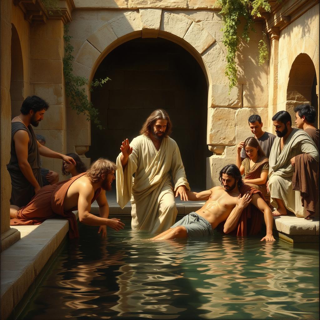 A realistic painting depicting Christ healing the paralytic at the pool of Bethesda, styled in the manner of Carl Henrich Bloch