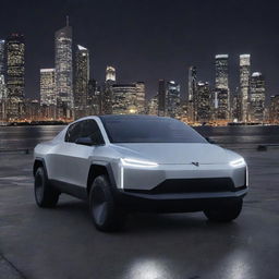 Elon Musk's Tesla Cybertruck in a shiny, metallic silver color standing against a modern cityscape at night. The futuristic design of the vehicle standing out under the city lights.