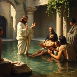 A realistic painting depicting Christ healing the paralytic at the pool of Bethesda, styled in the manner of Carl Henrich Bloch