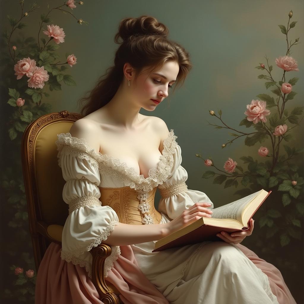 A 17th-century woman elegantly seated and reading a book in the exquisite style of Jean-Honoré Fragonard