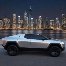 Elon Musk's Tesla Cybertruck in a shiny, metallic silver color standing against a modern cityscape at night. The futuristic design of the vehicle standing out under the city lights.