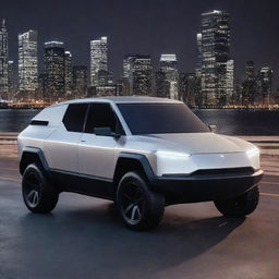 Elon Musk's Tesla Cybertruck in a shiny, metallic silver color standing against a modern cityscape at night. The futuristic design of the vehicle standing out under the city lights.