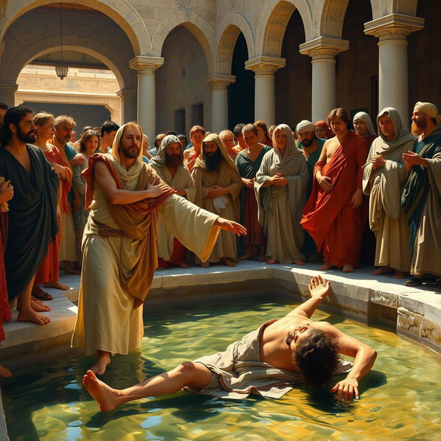 A realistic painting of Christ healing the paralytic at the pool of Bethesda, inspired by the style of Carl Henrich Bloch
