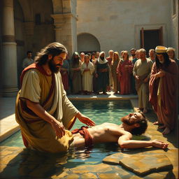 A realistic painting of Christ healing the paralytic at the pool of Bethesda, inspired by the style of Carl Henrich Bloch