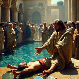 A realistic painting of Christ healing the paralytic at the pool of Bethesda, inspired by the style of Carl Henrich Bloch