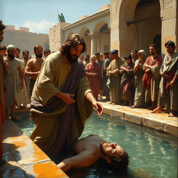 A realistic painting of Christ healing the paralytic at the pool of Bethesda, inspired by the style of Carl Henrich Bloch