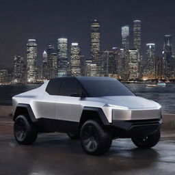 Elon Musk's Tesla Cybertruck in a shiny, metallic silver color standing against a modern cityscape at night. The futuristic design of the vehicle standing out under the city lights.